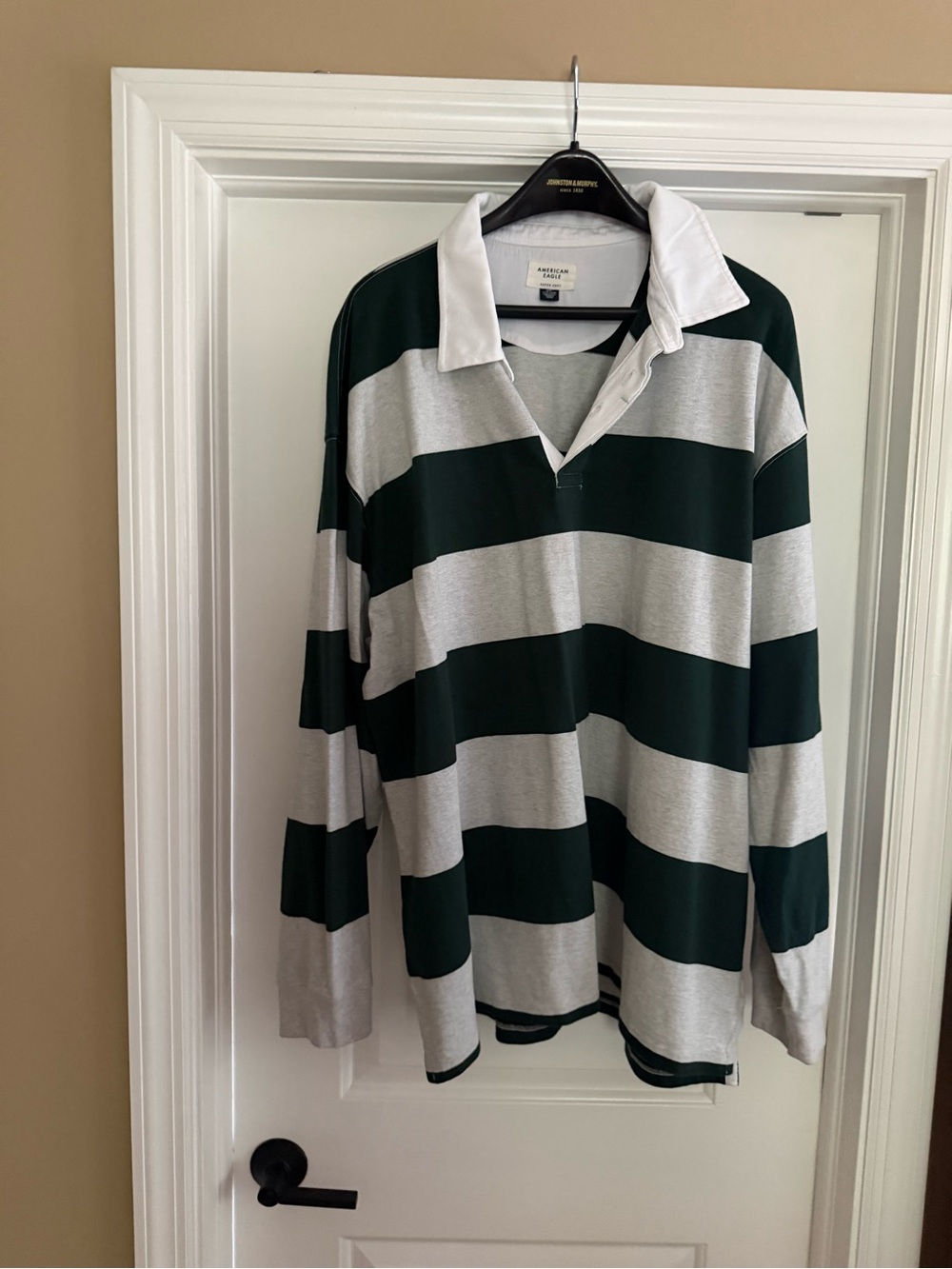 American Eagle Outfitters Green & Gray Striped Rugby Shirt